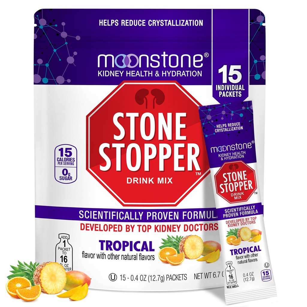 Moonstone Stone Stopper Drink Mix, Tropische, Niersteen Preventie, Calcium Oxalaat Beschermer, Ontwikkeld door Urologen om Hydratatie en Ondersteuning Niergezondheid te verbeteren, 15 dagen Levering