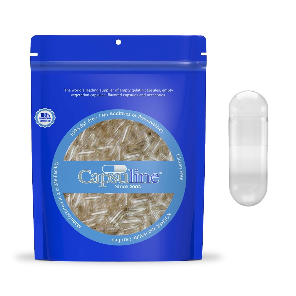 Capsulin Maat 0 Gelatine Lege Capsules, 5000 Tellen, Lege Gel Pill Capsules, DIY Pure Bovine Pill Capsule Vulling, Lege Caps, Kosher, Glutenvrij en niet-GGO Gecertificeerd, Clear