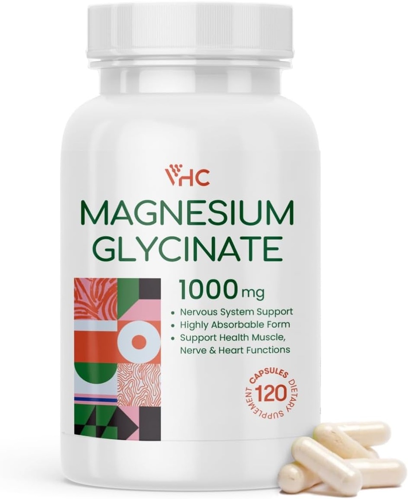 VHC Magnesium Glycinate 1000mg, Hoge Absorptie Maximale Gecheleerde Pure Magnesium Glycinate Supplement voor Vrouwen en Mannen, Non-GMO Geen Gluten, 120 Veggie Caps, Made in USA