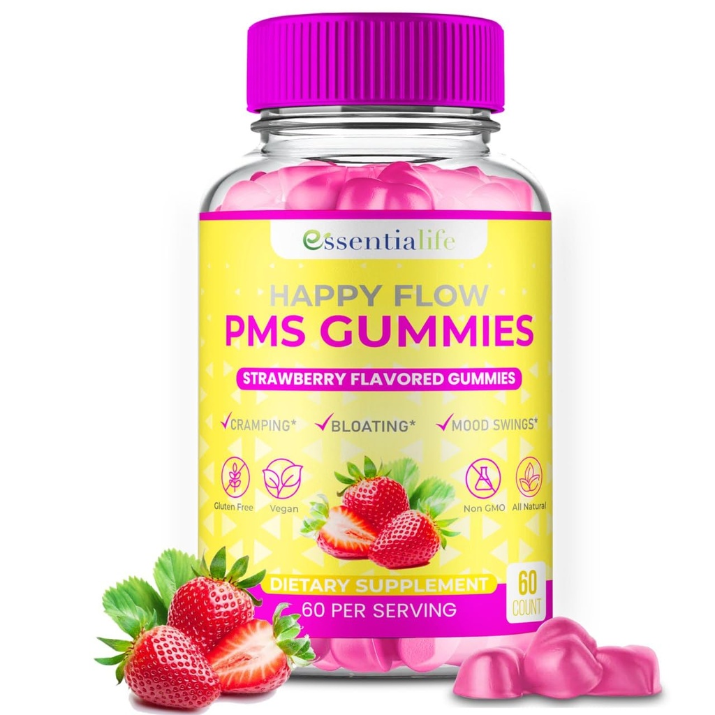 PMS Gummies - Happy Flow PMS Ondersteuning Supplement voor vrouwen - Aardbei PMS Relief Supplement met Vitamine B6 voor Hormone Balance, Periode Ondersteuning, Krampen, Hormonale Acne & Bloating Relief (60 Tel.)