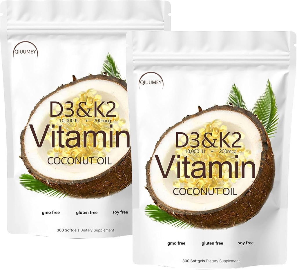 D3 + K2 Kokosolie Zachte Gels, Vitamine D3 10000 ie Plus K2 (MK-7) 200 mcg, Vitamine D3 K2 Supplement Softgels, Replenish Vitamine D3 K2 Kokosolie Softgels 300 Gels