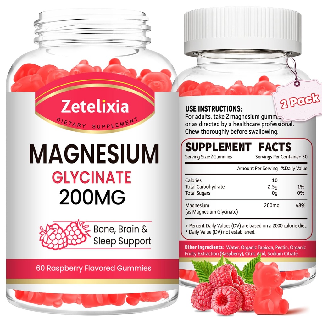 Magnésium Glycinate Gommies, Suppléments de Magnésium Glycinate pour la relaxation, Magnésium Chews pour les adultes et les enfants, Flaveur de framboises 120 Comte