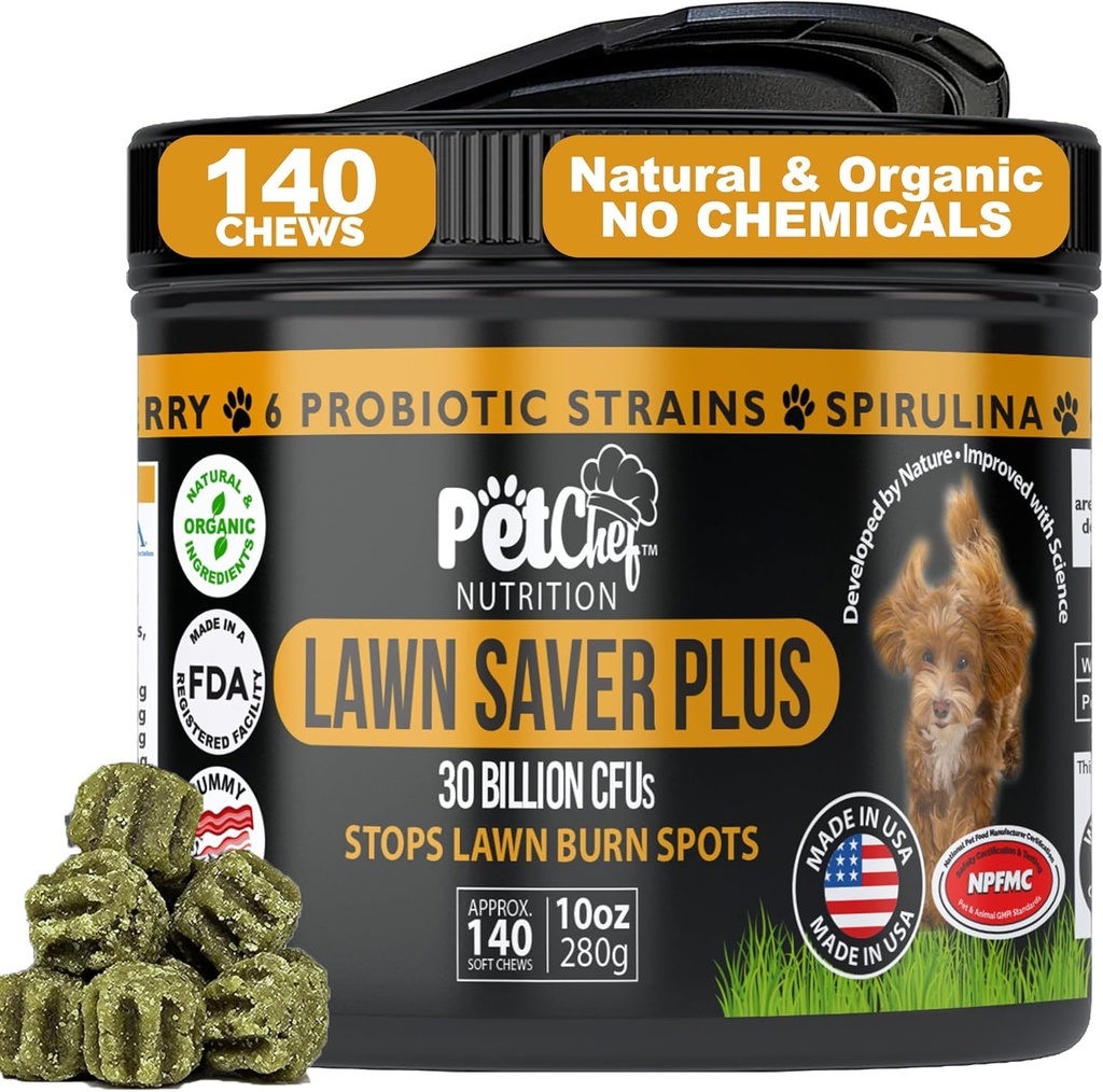 Pet Chef Lawn Saver, Soft Chew, Vegan Bacon! Canine Urine Yard Burn Stopper. Bouwt Yards, beschermt Plantenschade en helpt om terug te groeien Yards. Voorkomt Yard Pee schade