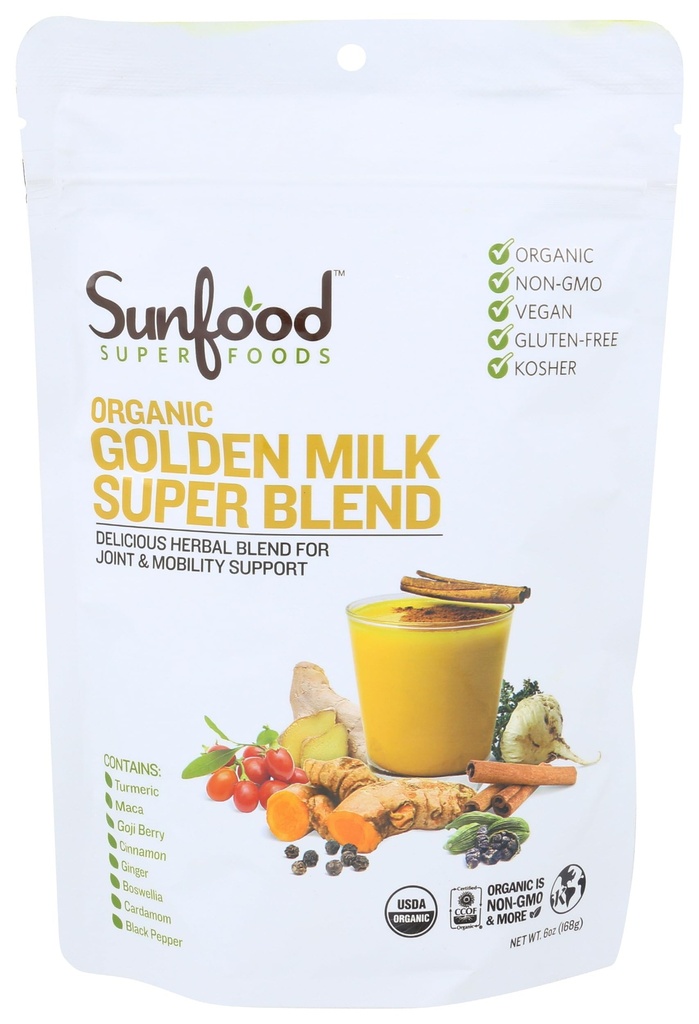 Sunfoods Golden Milk Super Blend - Superfood Golden Milk, Kurkumapoeder, Superfood met Kurkuma en Gember, Black Pepper, Kaneel & Kardamom, Kurkuma Latte Powder, Vegan, USDA Biologische - 6 oz