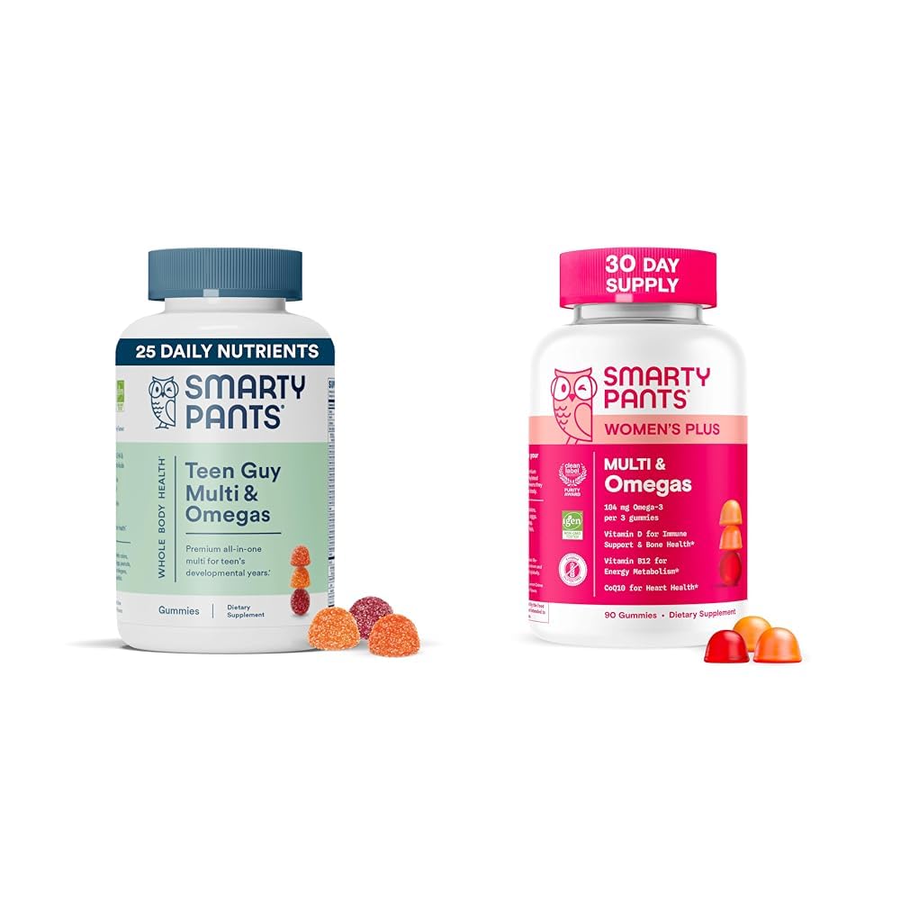 SmartyBants Vrouwen- en tienerjongen Multivitamine Gummies Bundle: Omega 3 (DHA/EPA), Methylfolaat, CoQ10, Vitamine D3, C, Vitamine B12, B6, Vitamine A, K & Zink, Glutenvrij (30 dagen levering)