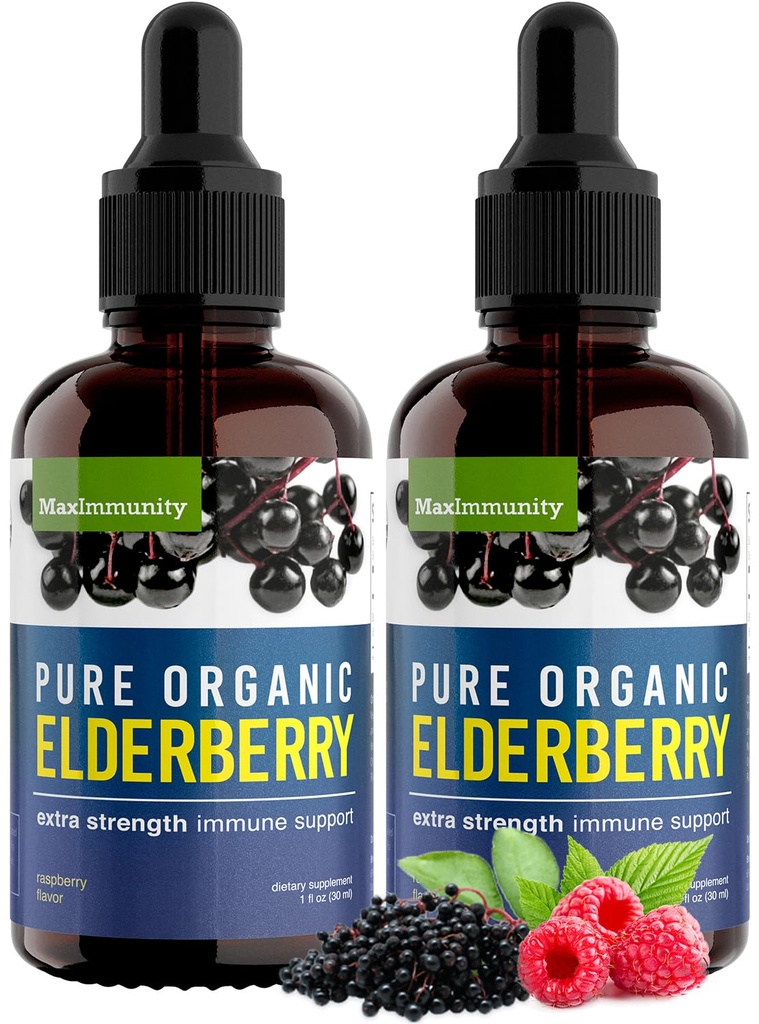 Sirop de mûre aînée biologique, 60 jours d'approvisionnement, gouttes liquides noires pour le soutien immunitaire, sirop de mûre aînée Sambucus - gouttes d'extrait liquide pour les enfants et les adultes - force supplémentaire (2 pack)