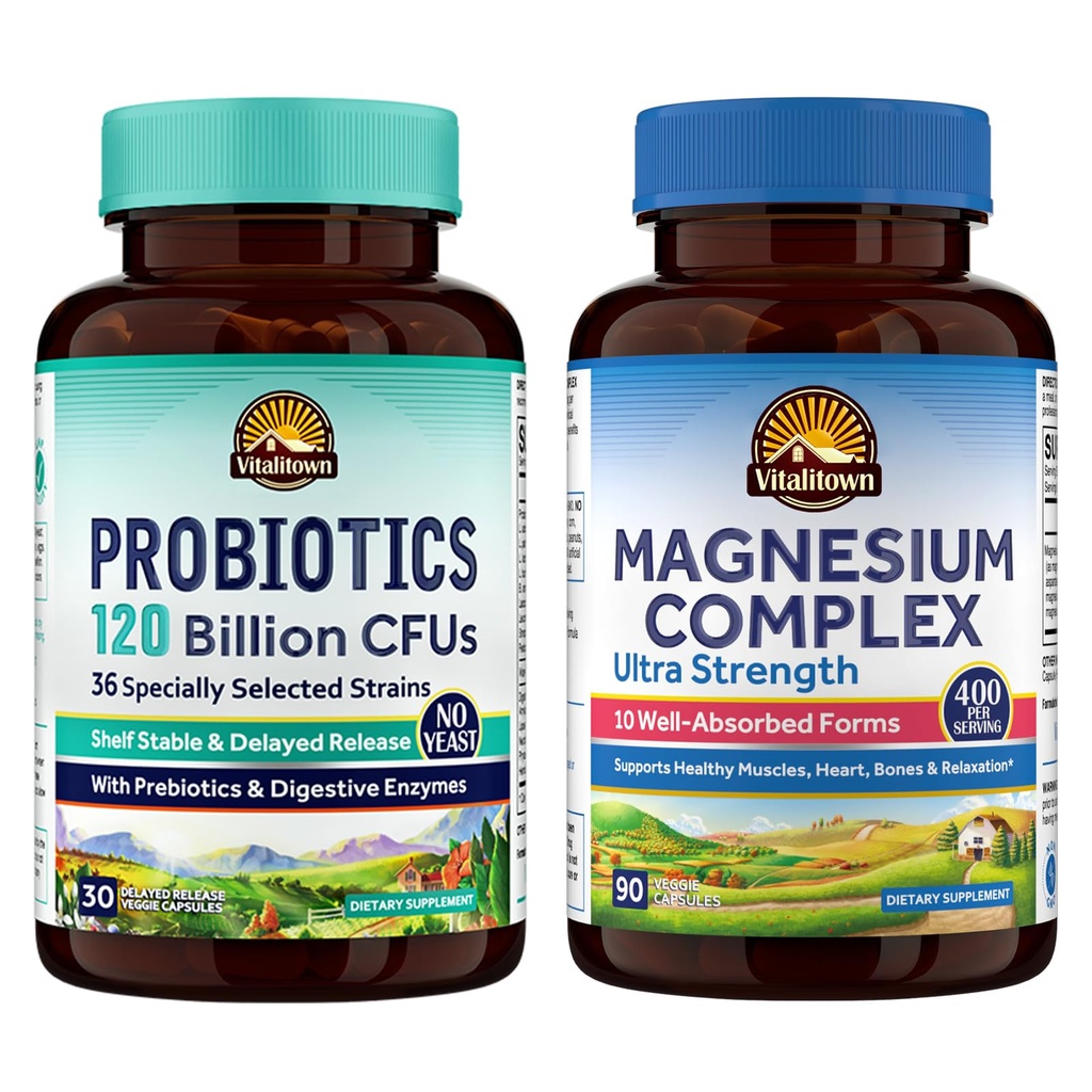 Vitalitown Probiotic + Magnesium Bundle (Pack of 2) Probiotics 120 Miljard (Item 1) & 6-in-1 Magnesium Complex (Item 2)