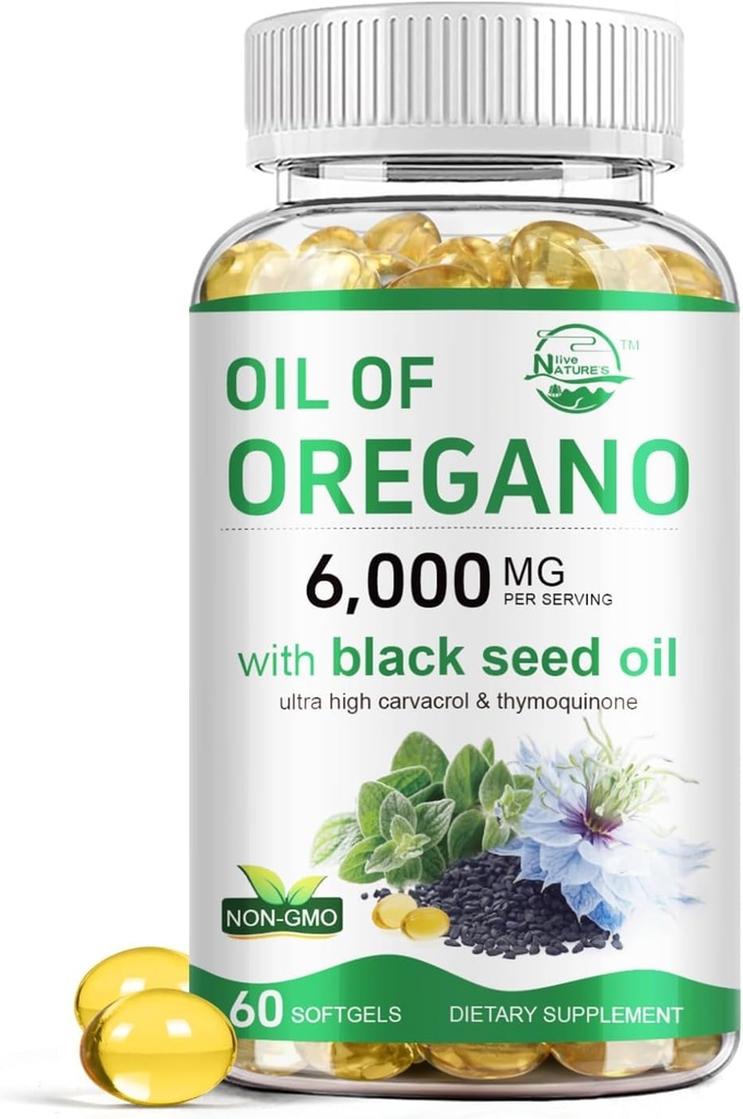 Live Oil of Oregano with Black Seed Oil, 2 in 1 Oregano Supplement for Immune Health, Reains High Concentrated Carvacrol & Thymochinon, Non-GMO, 60 Softgels, 1 Pack
