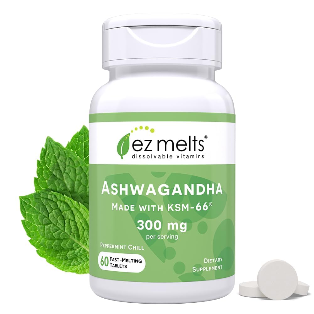 EZ Melts Dissolvable KSM-66 Ashwagandha, 300 mg, Sugar-Free, Stress, Slaap en Mood Support Supplement, 30-Day Supply, Peppermint Chill-Flavor - 1 Pack