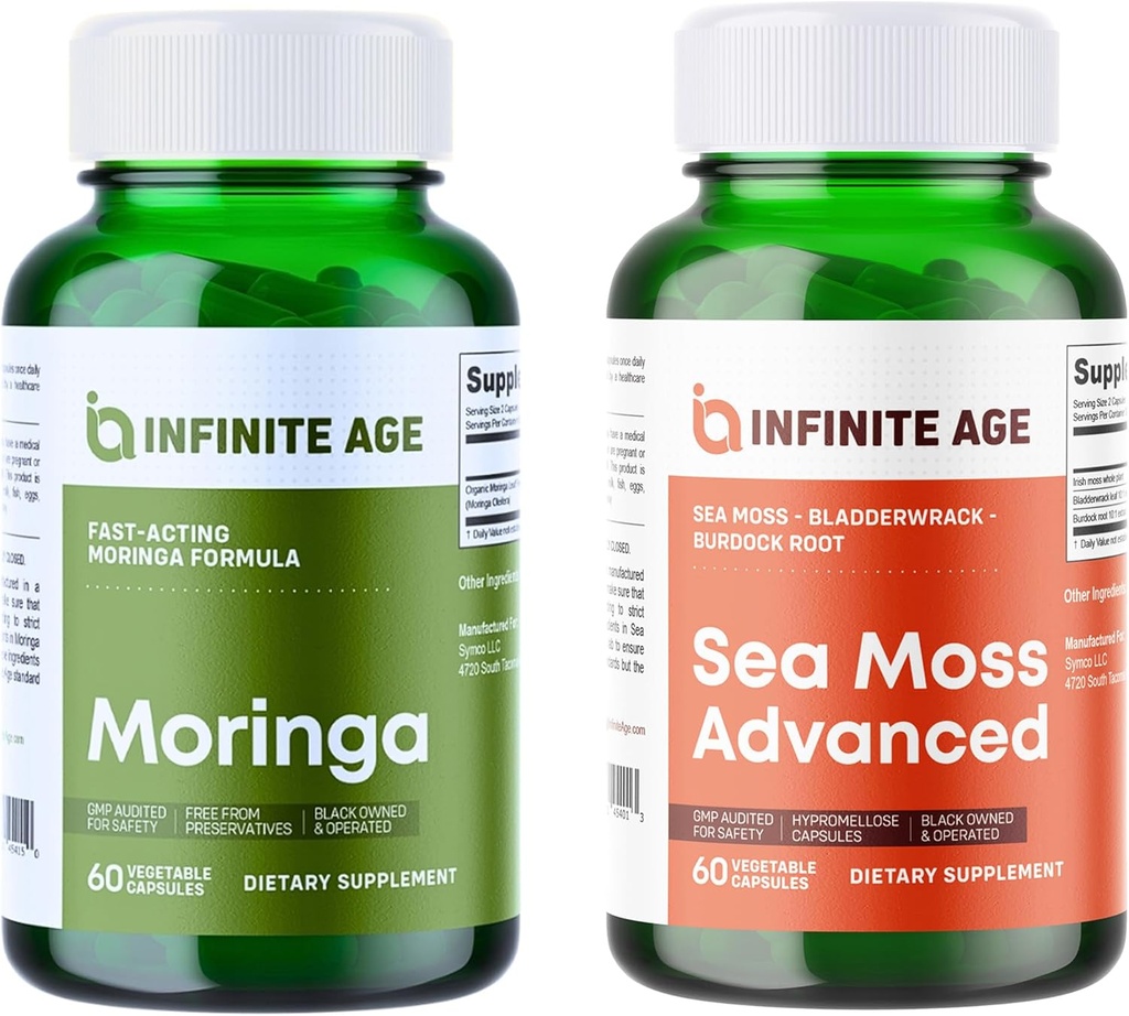 AGE INFINITE Wellness Bundle - Sea Moss Advanced 1250mg, Moringa poudre supplément biologique 1000mg - Fabriqué aux États-Unis