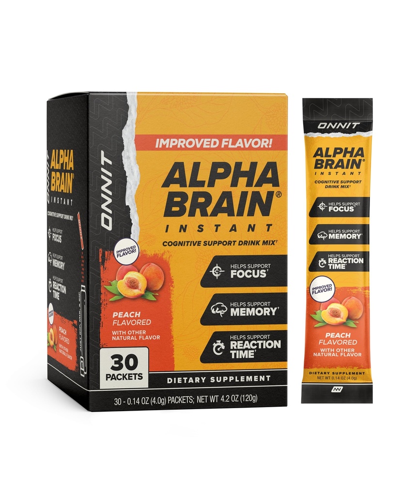 ONNIT Alpha Brain Instant Peach Flaw - Nootrope Brain Booster Memory Supplement - for Focus, Energy & Clarity - Alpha GPC Choline, Cats Claw, L-Theanine, Bacopa - 30ct