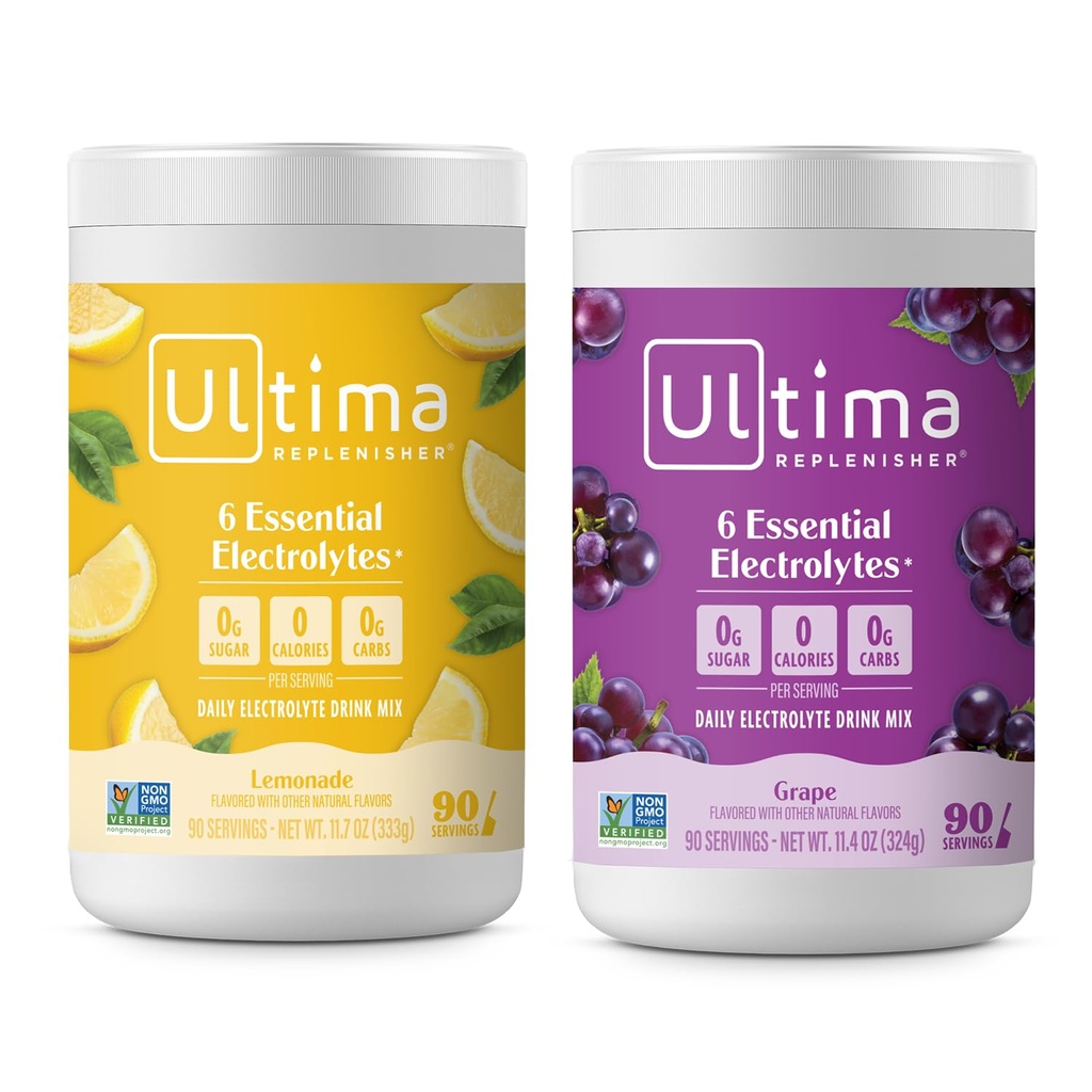 Ultima Replenisher Mélange de poudre d'électrolyte – Sans sucre – Cimonade et raisin, 90 portions – Poudre d'hydratation - 6 électrolytes clés et minéraux traces – Keto Friendly, non-OGM