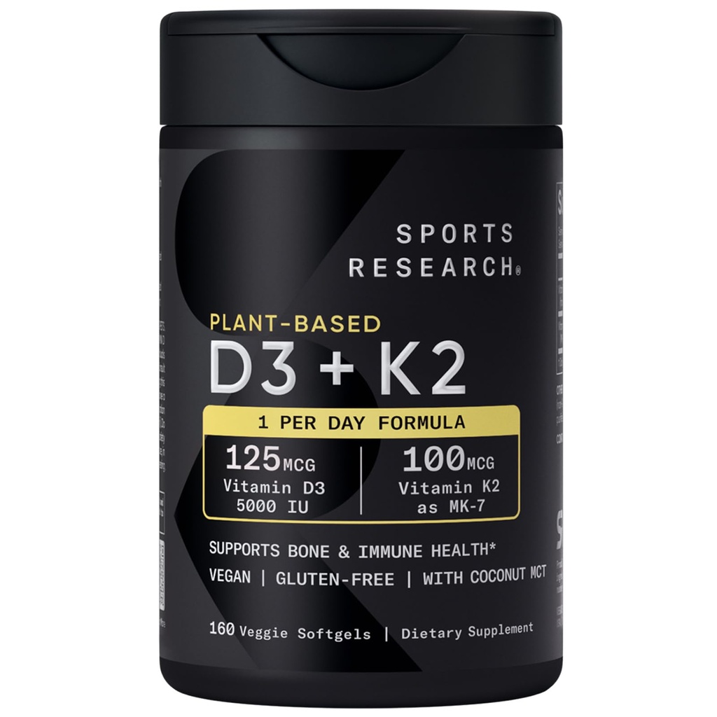 Sportonderzoek Vitamine D3 K2 met 5000iu plantaardige D3 & 100 mcg vitamine K2 als MK-7, niet-GMO-verified & vegan Certified - 160 vloeibare softgels