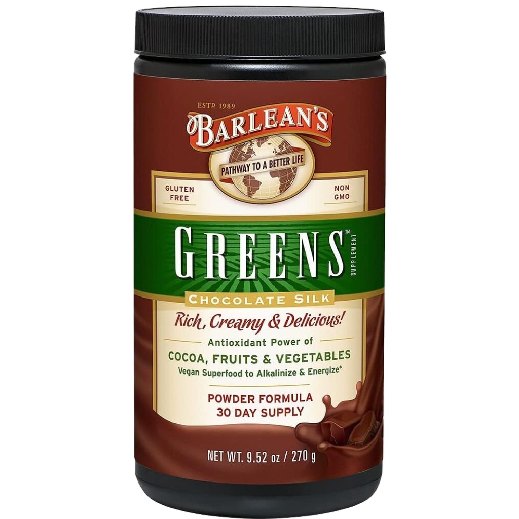 Barlean's Chocolate Greens Poeder, Dagelijkse Fruit en Plantaardige Superfood Supplement, Groene Antioxidant Blend en Fiber Smoothie Drink Mix, 9.52 oz