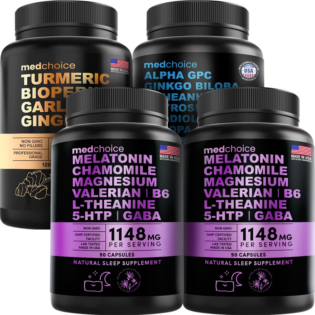 MEDCHOICE Kurkuma & Gember (120ct), Slaap Melatonine (180ct) en Nootropic Brain (60ct) Supplement Bundle - Wellness Trio voor Hersenen, Slapen, & Immuun Support - Veganistisch, Non-GMO, Glutenvrij