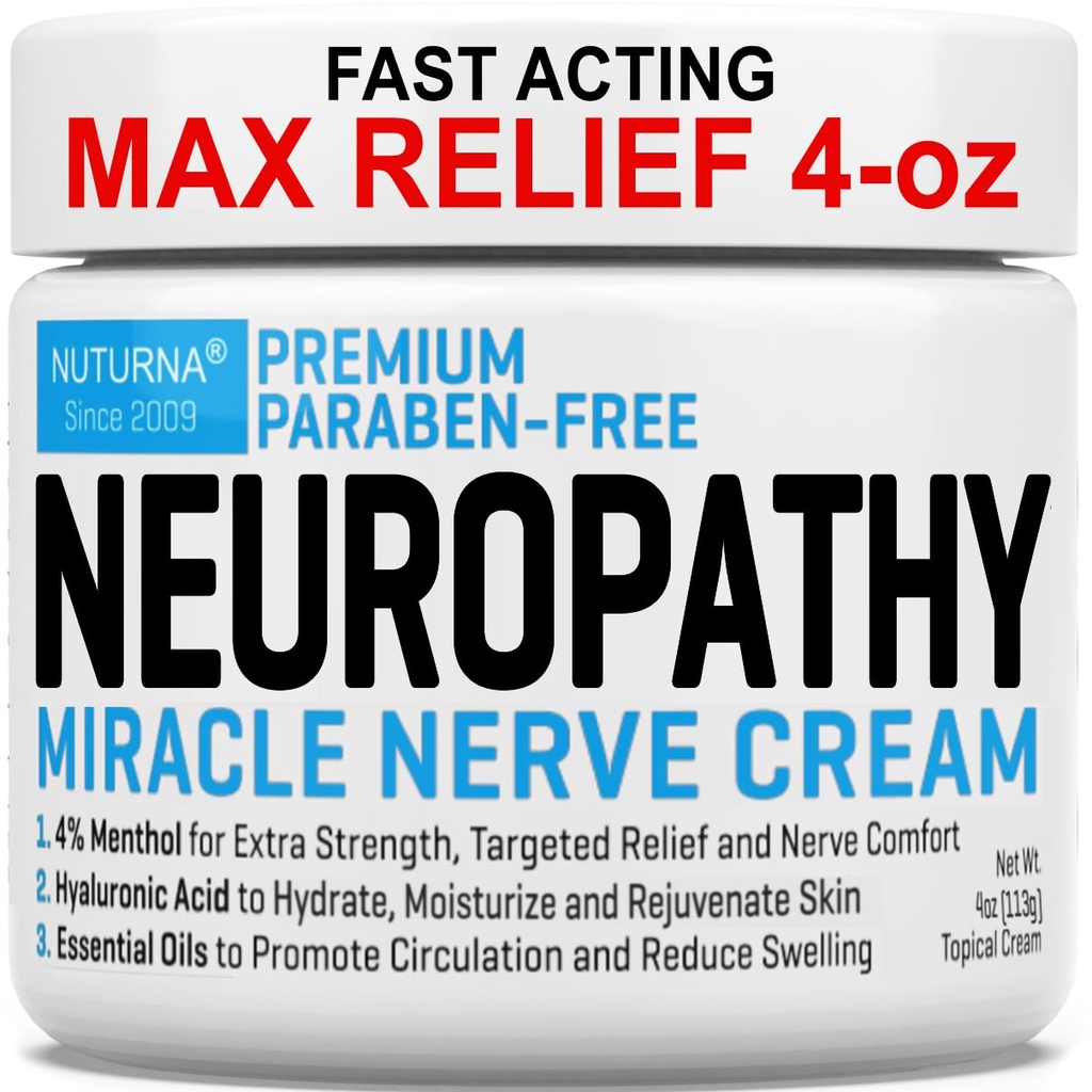 Neuropathie Nerve Relief Cream - Premium Nerve Cream 3X Actie voor gerichte verlichting en kalmerende zenuwcomfort - Maximale sterkte met 4% Menthol Arnica MSM voor voetenhanden Benen tenen & rug - Large 4 Oz