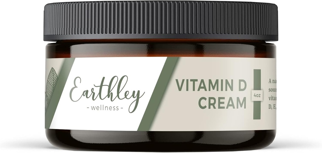Earthley Wellness Vitamine D Cream, natuurlijk topical vitamine D met vitamine A, D, & K2, hartgezondheid, huidgezondheid en zwangerschap, leveroliebasis van kabeljauw (4 oz, vitamine D Cream)