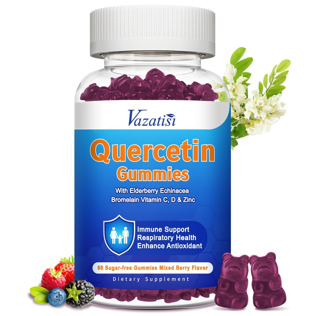 Quercetin avec Gummée de Bromelain, Quercetin 1200MG avec vitamine C Zinc & Elderberry pour système immunitaire et allergie, Gummées à croquer et végétalien, 60 Cts