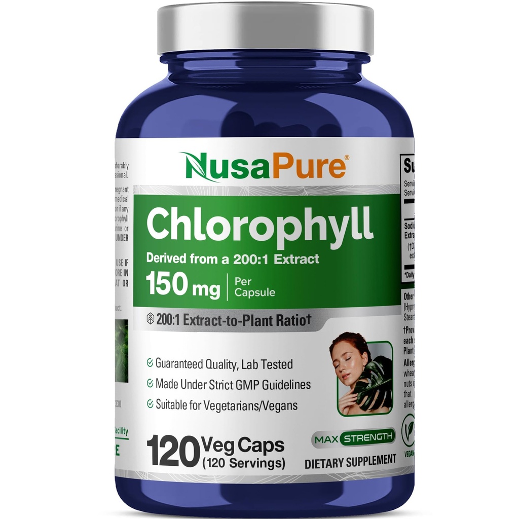 NusaPure Chlorophylle 200:1 Extrait, 150 mg Équivalent à 30 000 mg par gélule 120 Caps végétariens (non OGM, végétalien)