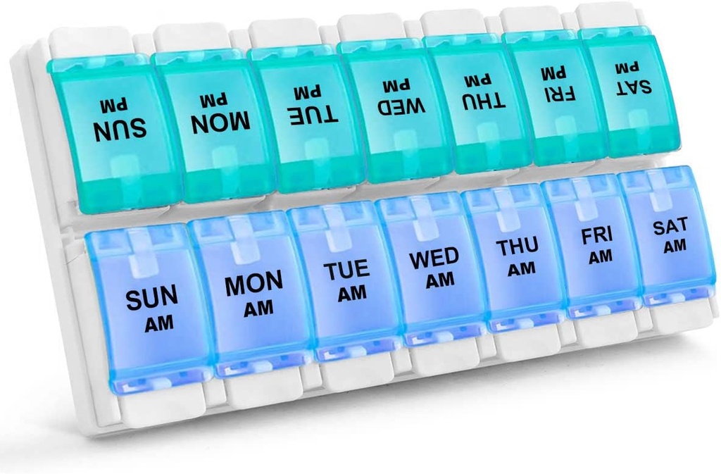 Sukuos AM PM Hebdomadary 7 Day Pill Organizer, 2 fois par jour Pill Box with Arthritis Friendly Push Button, boîtes de médicaments pour les vitamines/huile de poisson/compléments, facile à nettoyer (Cyan&Blue)