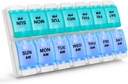Sukuos AM PM Hebdomadary 7 Day Pill Organizer, 2 fois par jour Pill Box with Arthritis Friendly Push Button, boîtes de médicaments pour les vitamines/huile de poisson/compléments, facile à nettoyer (Cyan&Blue)