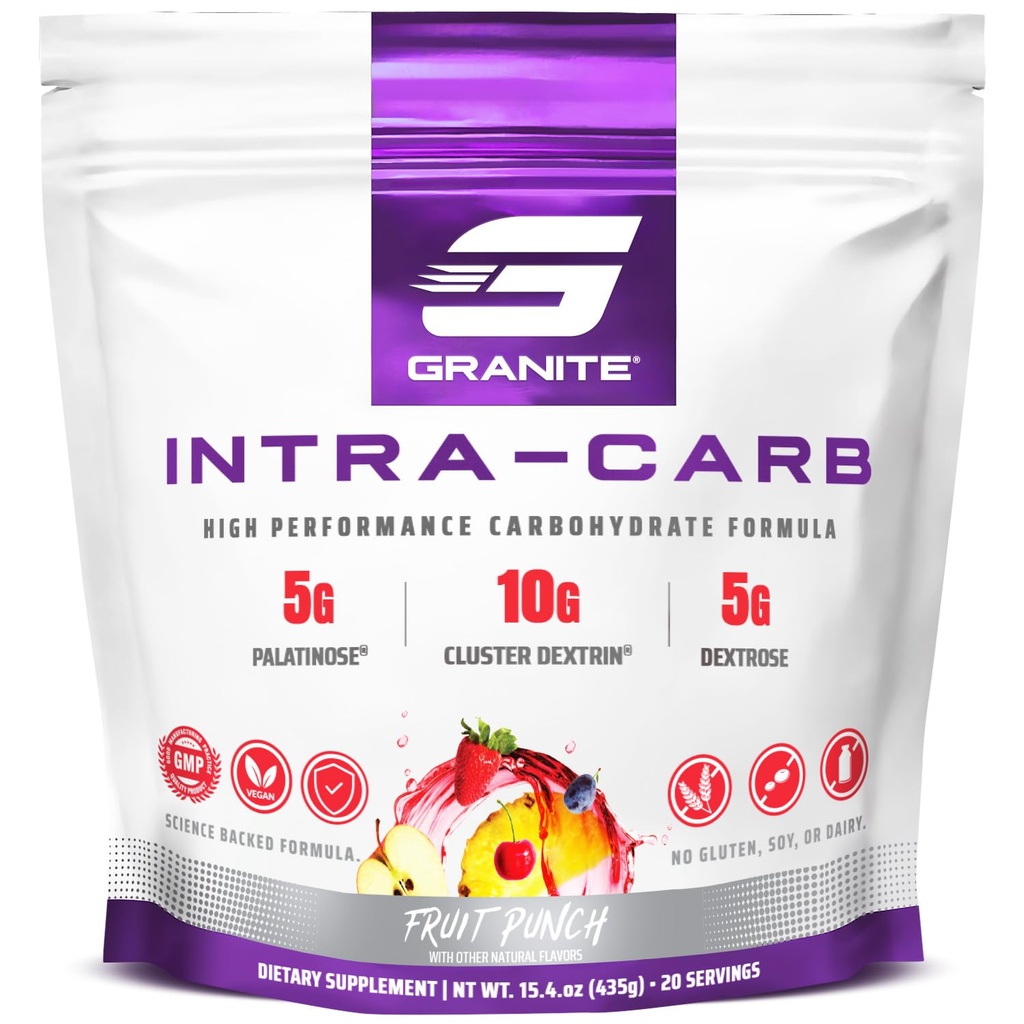 Granite en poudre intra-carb, parfum de punch de fruits, mélange de glucides à haute performance avec dextrine en grappe, palatinose et dextrose, soutient l'énergie et l'entraînement (20 services)