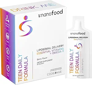 Codeage Multivitaminen voor tieners, vloeibare vitamine C voor tieners, vitamine A B6 B12 D3 E voor kinderen, biotin zink Omega-3 Folaat, liposomale vitamines supplement, een dagelijkse sachet, veganist, non-GMO, 30 zakjes