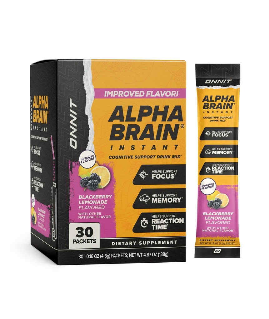 ONNIT Alpha Cerveau boisson cognitive instantanée, BlackBerry Lemonade Flavor, Supplément Nootropic pour Focus, Mémoire et Clarity, 0.13 oz Packets, 30 Compte