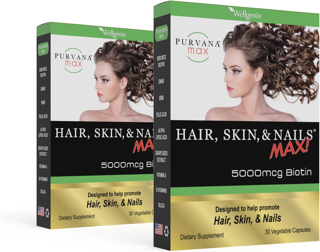 Purvana Max Hair, Skin, and Nails Vitamin - 5000mcg Biotin, Folic Acid, DMAE, Grape Seed Extract - One a Day Vegan Hair, Skin, Nails Support - Promotes Collagen Production - 30 Caps (Pack of 2)