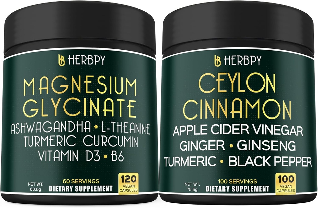 Bundel 6in1 Magnesium Glycinate Supplementen & 6in1 Premium Ceylon Kaneelsupplementen - Ontspannen, Rustvolle Dag & nacht, Immune, Hart, Vertering & Lichaamsbalans Ondersteuning