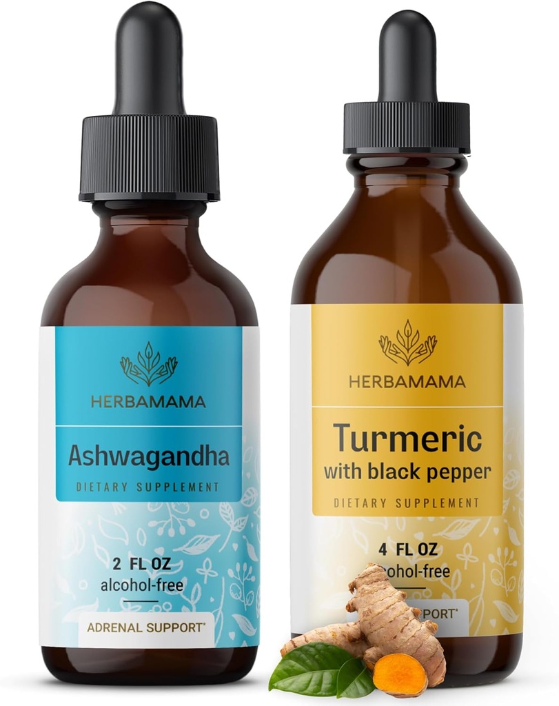 HERBAMAMA Herbal Liquid Drops Kit - Bundle of Ashwagandha Root Extract & Turmeric with Black Pepper Tinctuur 2 fl oz - Vegan, Non-GMO, Sugar & Alcohol-Free - 2 Pack