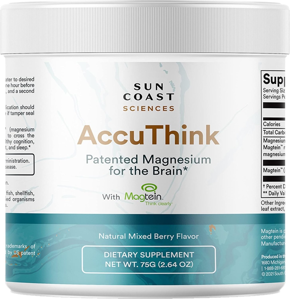 Sun Coast Science Sun Coast Sciences AccuThink - Gepatenteerd Magnesium Hersenen - 2.64oz Geheugen Supplement Hersengezondheid, Slaap, Mood Boost - Cognitieve Ondersteuning Supplement Magnesium Threonate Vitamine C