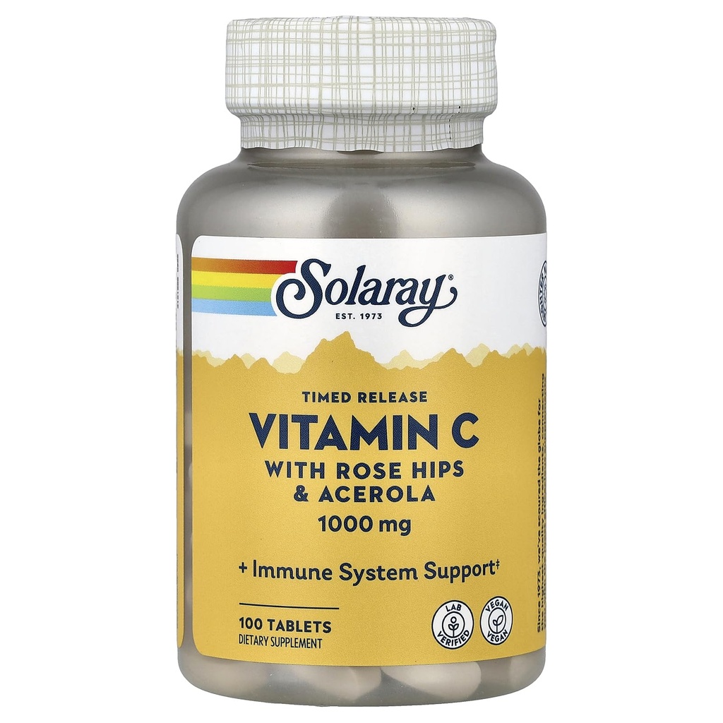 SOLARAY Vitamine C Capsules de libération chronométrées de 1000mg avec des bioflavonoïdes Rose HIPS et Acerola, deux niveaux pour une absorption élevée et un soutien de la fonction immunitaire toute la journée, garantie de 60 jours (100 portions, 100 comprimés)