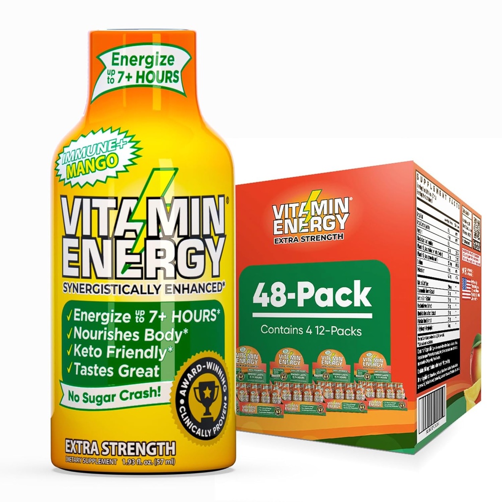 Vitamine Energie Immune+ Extra sterkte Energie Shot Mango 48 Pack, 260mg Natuurlijke Cafeïne, B-Vitaminen, Citicoline, Groene Thee, Immunity & Focus Support, Zero Sugar, Gluten-Free 1,93 fl oz