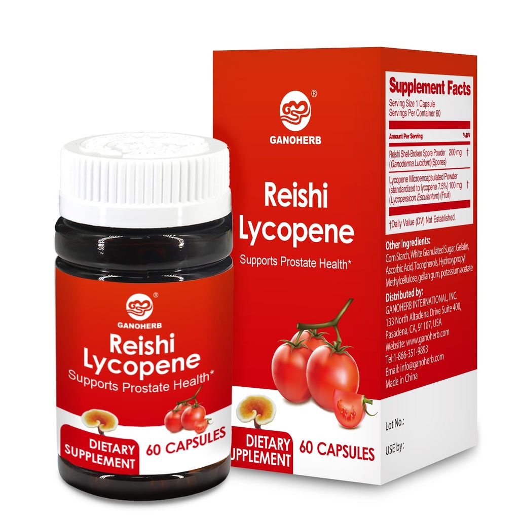 Lycopeen Supplement 100mg, Natuurlijke Tomaat Extract met Reishi Mushroom 200mg, Mushroom Capsule voor Immune Health, Glutenvrije, Non-GMO, Vegan, 60 Rapid Release Capsules