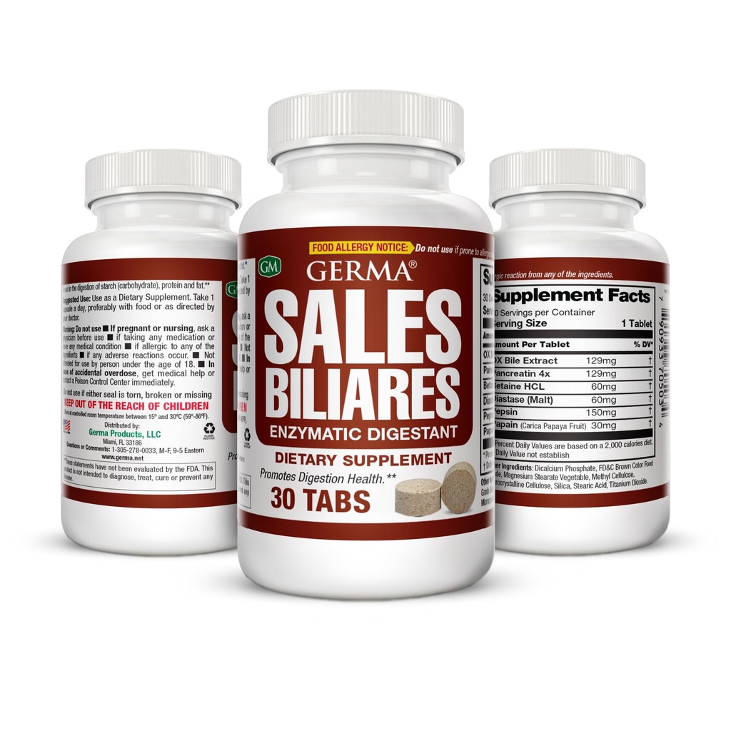 Germa Bile Zouten Natuurlijke Dieetsupplement, voor Lever Ondersteuning / Verkoop Biliares Supplemento Dietico Natural, Ayuda Higado 30 Tabs