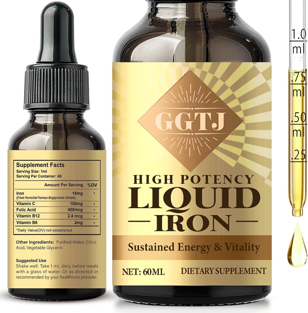 Gouttes de fer pour les femmes, Supplément de fer pour les femmes et les hommes, Vitamine de fer pour l'anémie et le soutien immunitaire, Vegan, 2 Fl Oz
