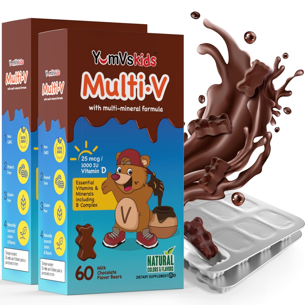 YUM-V'S - Kinderen Multivitamine Kauwbare Chocolade Beren - Multivitamine voor kinderen Supplement - 16 Vitaminen en Mineralen - Vitaminen Inclusief D, Zink, C, B Complex & Meer, 60 Tellen (pakket van 2)