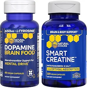 NATUURLIJKE STAKKEN Dopaminehersenvoeding + Creatine Monohydraatbundel - Ondersteunt Mentral Drive & Brain Health* - Geavanceerde absorptieformule - 180 capsules