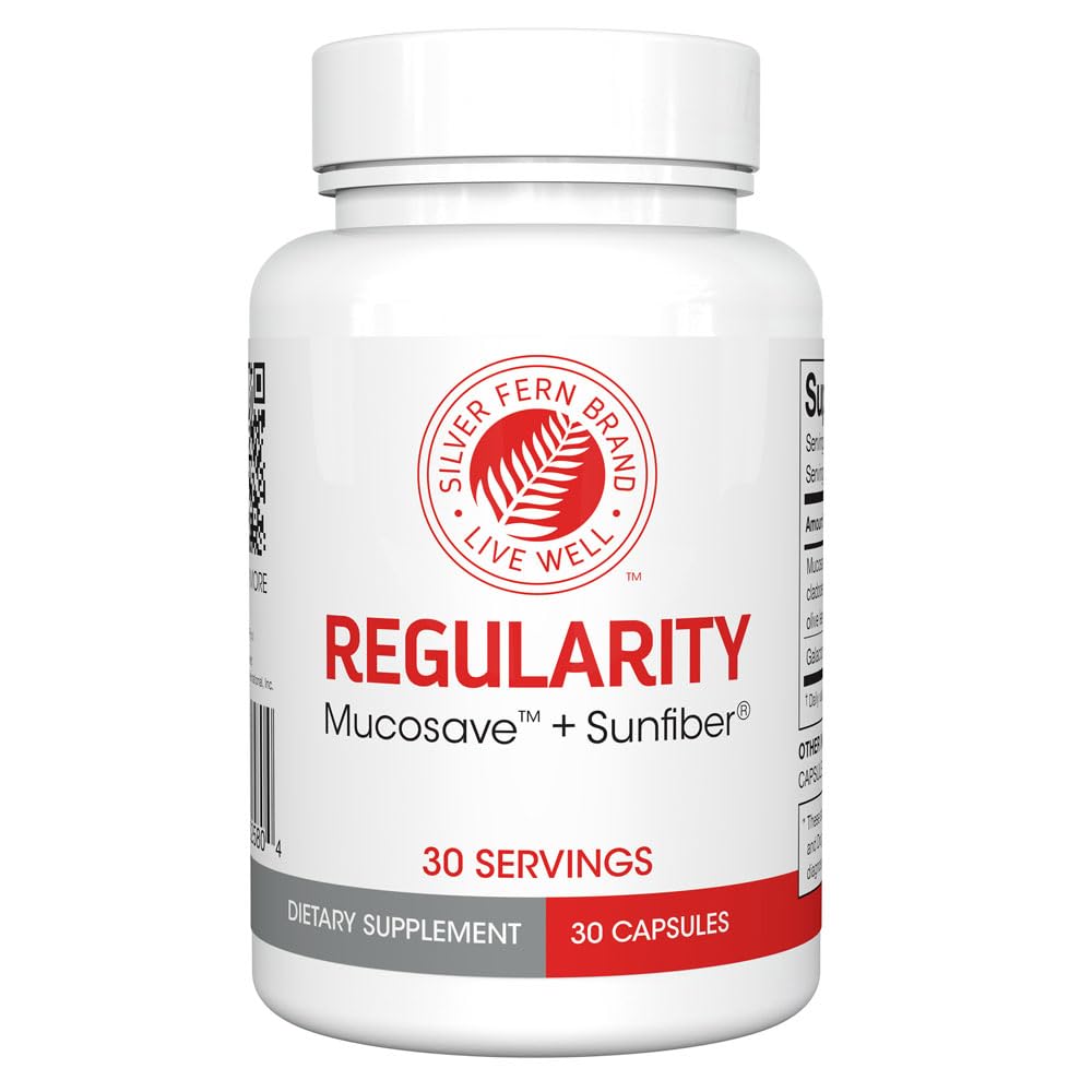 Silver Fern Regularity Digestief Supplement Capsules Merk - 1 Fles = 30 Capsules = 30 Day Supply - Mucosave FG (Prickly Pear Polysacchariden & Olive Leaf Polyfenolen) & SunFiber