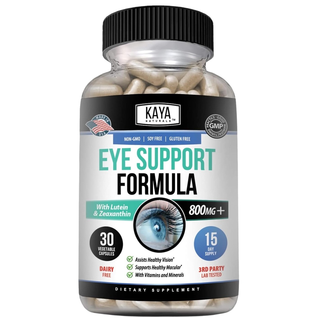 Kaya Naturals Supplément santé des yeux, Lutéine et Zeaxanthin, Vision Santé, Soutien de la souche oculaire 800 mg Supplément vitamine 30 Capsules