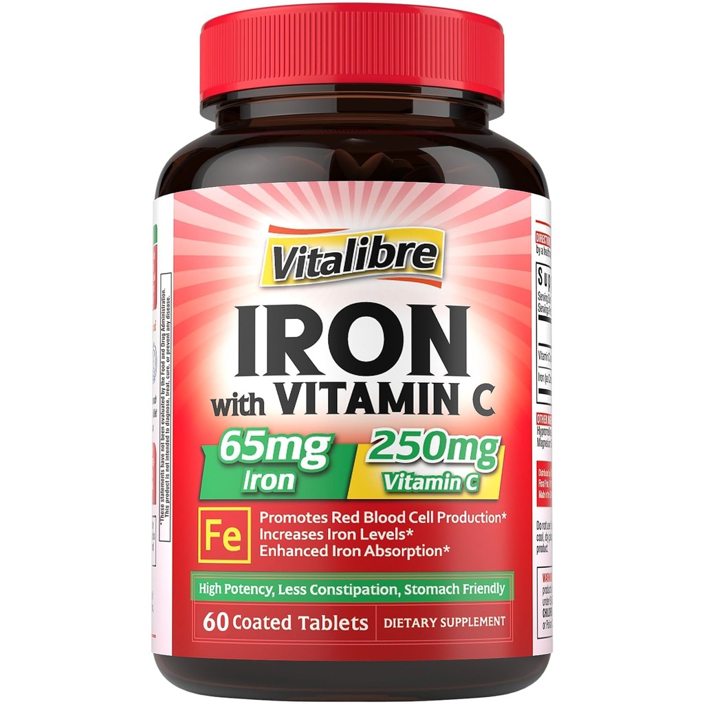 Supplément en fer, 65 mg de fer carbonyle avec 250 mg de vitamine C, pilules de fer amies de l'estomac pour les femmes et les hommes de la construction de sang, haute absorption, pas de nausée, pas de constipation, non-OGM, pas de gluten, 60 onglets végétaliens