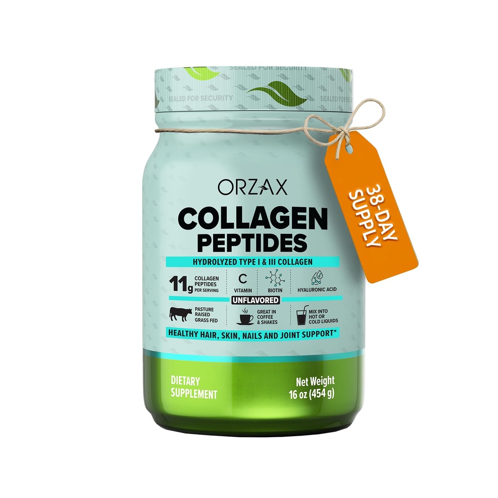 ORZAX Collageen Peptides Powder - 11 g Collageen Type I & III, Biotine & Hyaluronzuur, 16 oz (Unflavored)