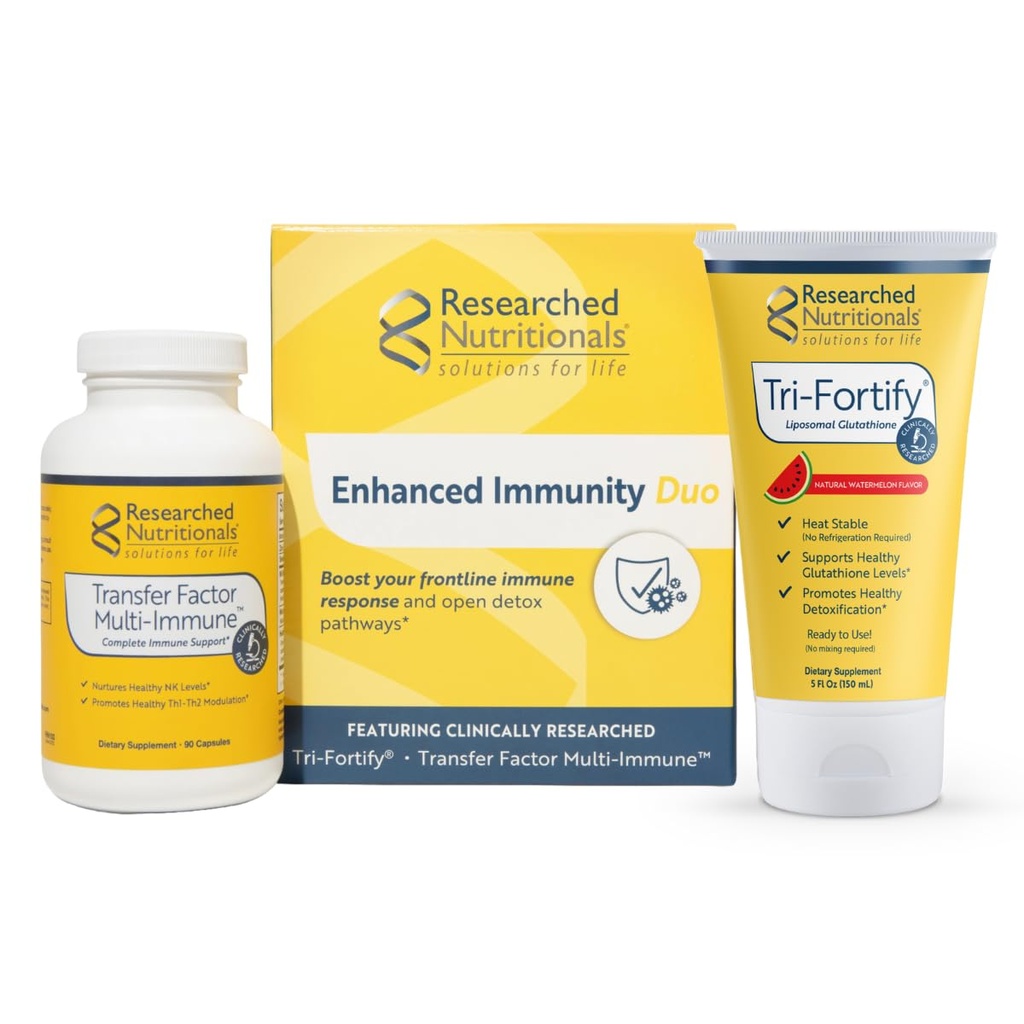 Onderzoek naar voedingssupplementen Liposomal Glutathion (450mg) + Colostrum & Paddenstoelensupplement voor immuniteit - Enhanced Immunity Duo - Tri-Fortify Watermeloen + Transfer Factor Multi-Immune (2 stuksset)
