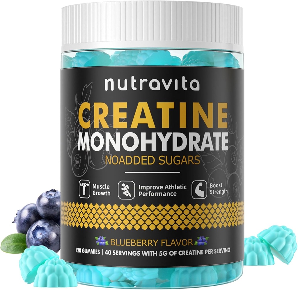 Nutravita Creatine Monohydraat Gummies for Men & Women-5g Creatine Monohydraat per Serving - Sugar Free,Vegan, Blueberry Flavor, 120 Tel.