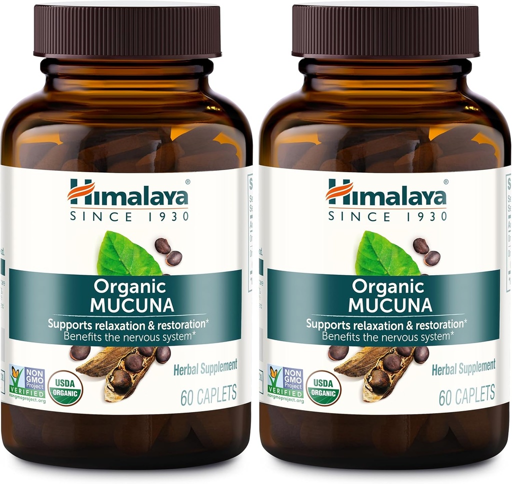 Himalaya Biologische Mucuna Kruidensupplement, Ondersteunt Ontspanning, Spanning Relief, Hersenfunctie, Non-GMO, USDA Biologische, Veganistisch, Glutenvrij, 600 mg, 60 Plant-Caplets, 2 Pack, 120 Day Supply