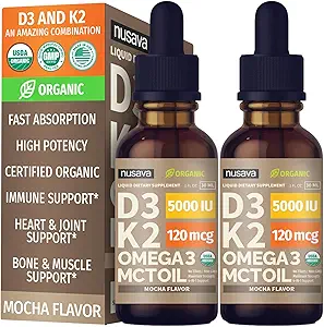 (2 verpakkingen) Biologische vitamine D3 K2 druppels met MCT olie Omega 3, 5000 IE, maximale sterkte vitamine D vloeistof, geen fillers, niet-GMO vloeibare D3 voor snellere absorptie en Immune ondersteuning (Mocha, 2 Fl Oz)