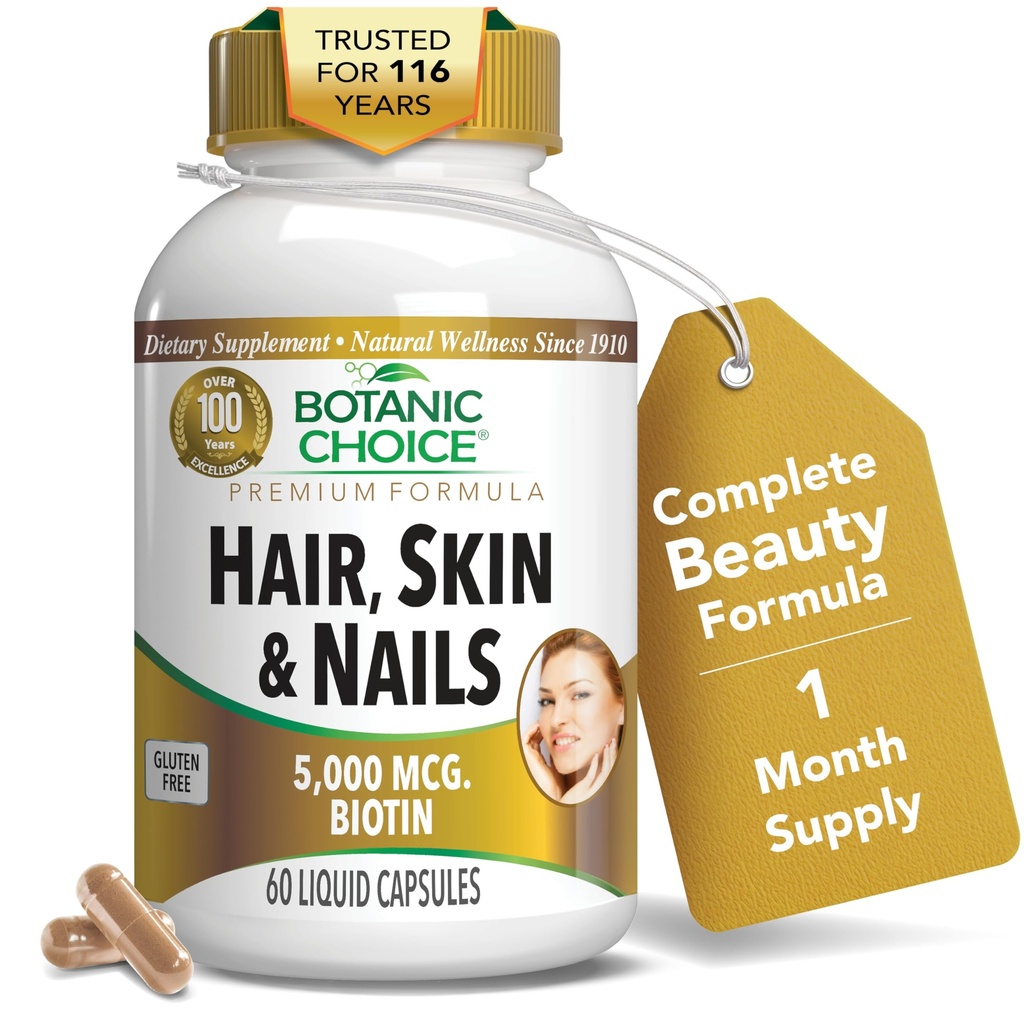 Botanische keuze Hair Skin and Nails Vitaminen - Biotine Supplement met collageen, vitamine C, & ijzer - Super Antioxidant Blend met Argan Oil & Hyaluronic Acid - 60 Liquid Capsules