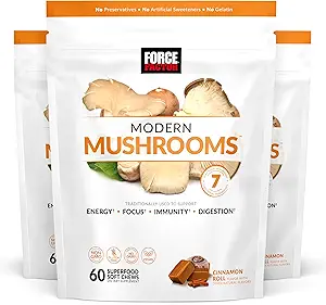 Facteur de force Champignons modernes Soft Chews, Complément de Champignons avec Manille de Lions, Turkey Tail, & Cordyceps pour soutenir l'énergie, l'immunité, et la digestion, rouleau de cannelle, 180 Chews doux, 3-Pack