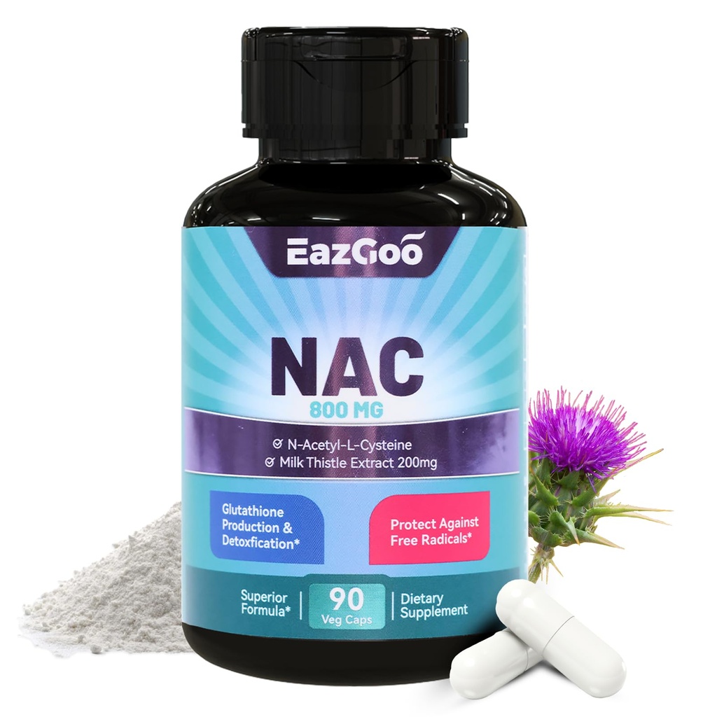 NAC Supplement, N-Acetyl Cysteine Capsules 800mg, N-Acetyl Supplement met Milk Thistle 200mg, Antioxidant Support, Veganistisch, GGO's-vrij, NAC 90 Tellen (pakket van 1)